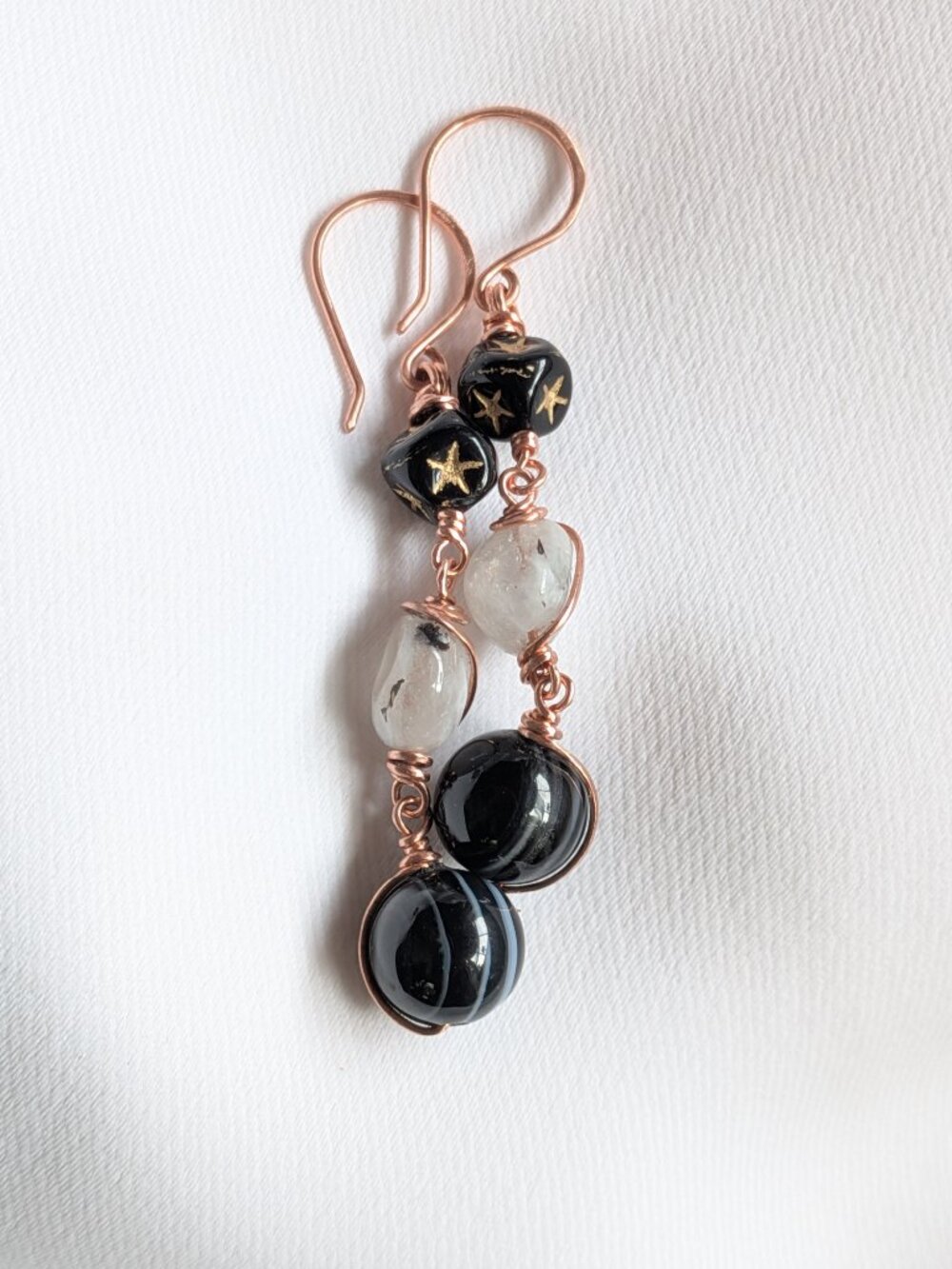 Copper Earrings with Banded Agates, Czech Glass Star Cubes and Moonstones - Picture 8 of 10